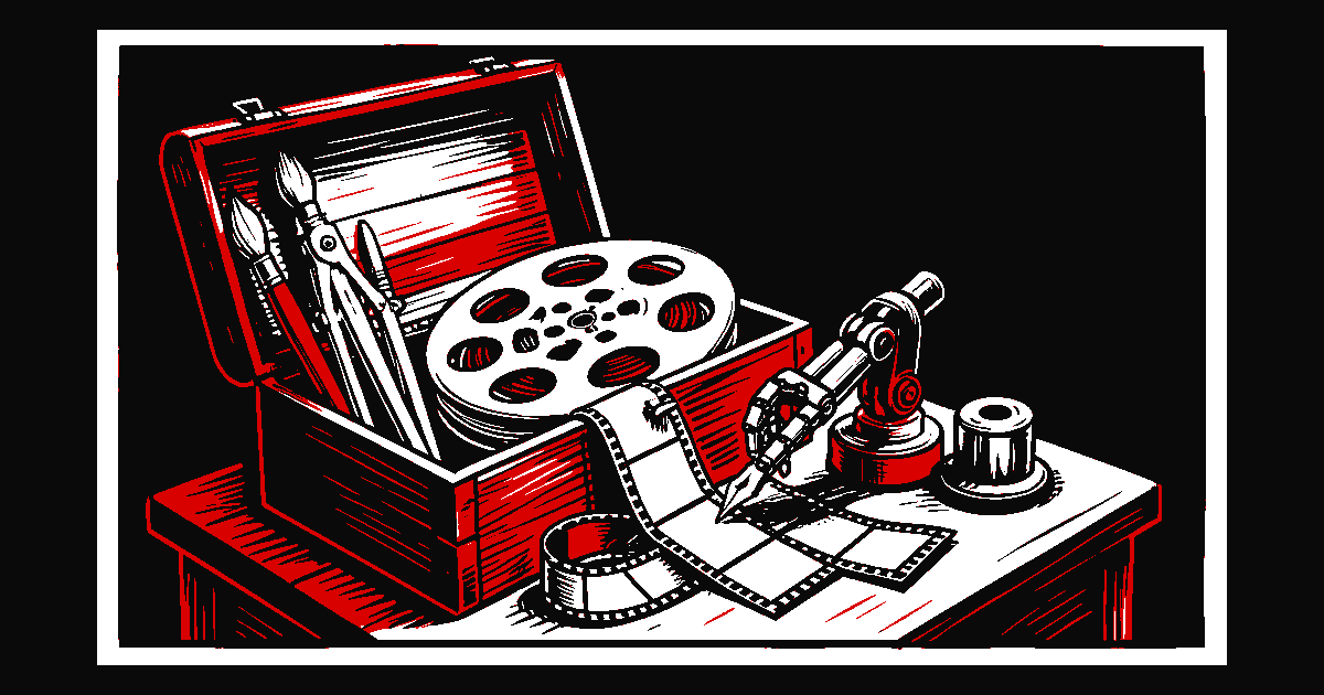 Red, white, and black linocut of a creative toolbox, film reels, and a robotic hand joining film strips.